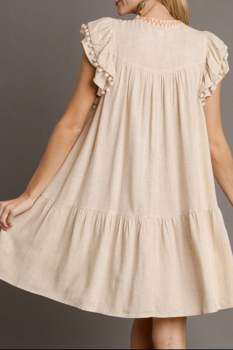 Floral Embroidery Pom Pom Ruffle Sleeves Mini Dress - New Arrivals